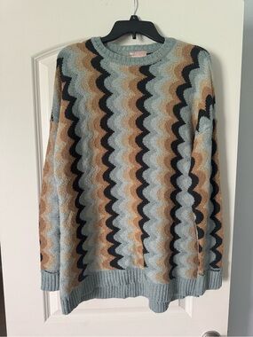 Show Me Your MuMu Wave-Stripe Crewneck Tunic Sweater in Light Blue, Tan & Black